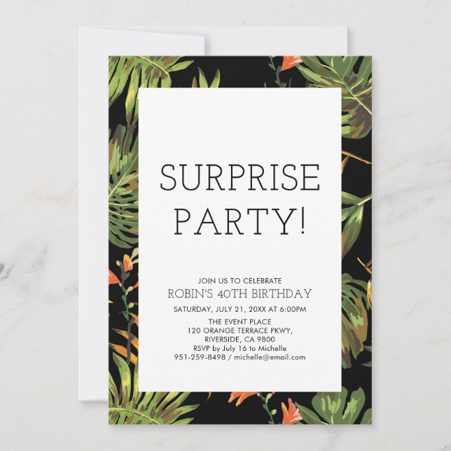 Modern Tropical Adult Surprise 40th Birthday Party Invitation (Front)
