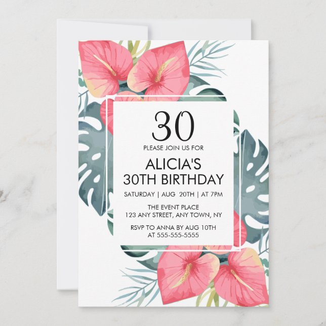Modern Tropical Anthurium & Monstera Birthday Invitation (Front)