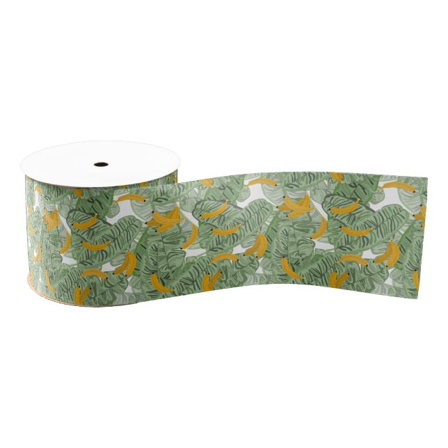 Modern Tropical Banana Greenery Pattern Grosgrain Ribbon (Spool)
