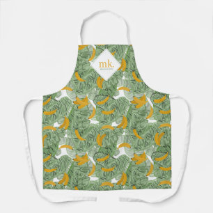 Modern Tropical Banana Greenery Pattern Monogram Apron