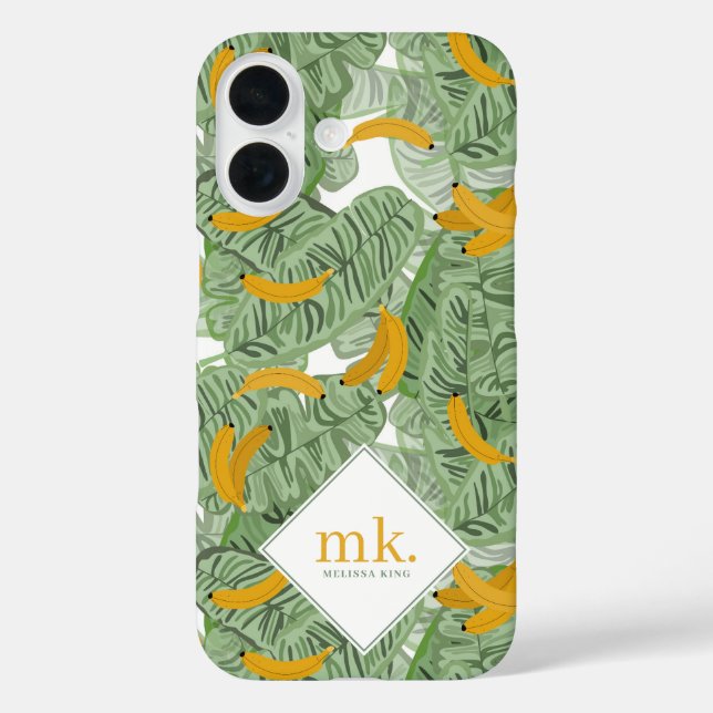 Modern Tropical Banana Greenery Pattern Monogram Case-Mate iPhone Case (Back)