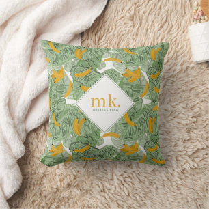 Modern Tropical Banana Greenery Pattern Monogram Cushion