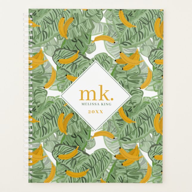 Modern Tropical Banana Greenery Pattern Monogram Planner (Front)