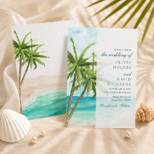 Modern Tropical Beach and Palm Trees Wedding Invitation