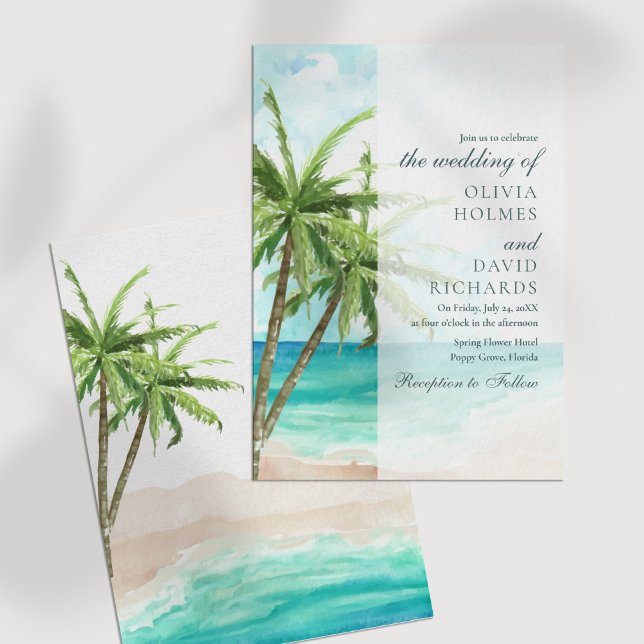 Modern Tropical Beach and Palm Trees Wedding Invitation (Modern Tropical Beach and Palm Trees Wedding Invitation on a white table.)