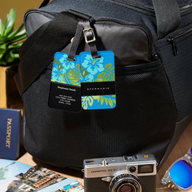 Modern tropical beach hibiscus azure blue luggage tag (Front & Back)