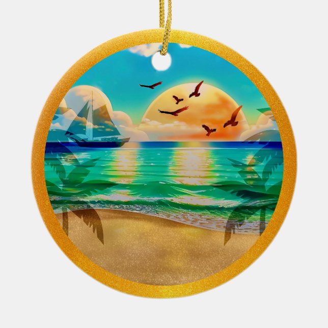 Modern Tropical Beach Palm Trees Sunset Vacation Ceramic Tree Decoration (Front)