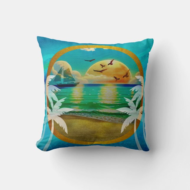 Modern Tropical Beach Palm Trees Sunset Vacation Cushion (Front)