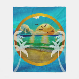 Modern Tropical Beach Palm Trees Sunset Vacation Fleece Blanket