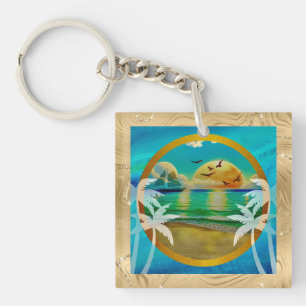 Modern Tropical Beach Palm Trees Sunset Vacation Key Ring