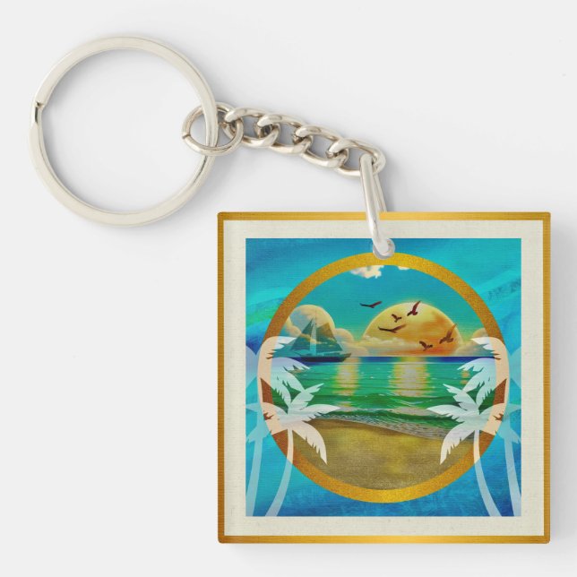 Modern Tropical Beach Palm Trees Sunset Vacation Key Ring (Front)