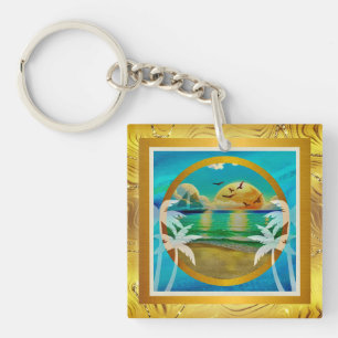 Modern Tropical Beach Palm Trees Sunset Vacation Key Ring