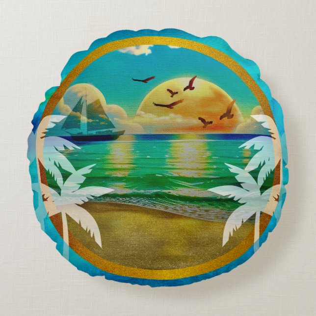 Modern Tropical Beach Palm Trees Sunset Vacation Round Cushion (Front)