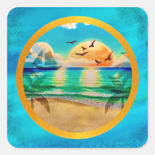 Modern Tropical Beach Palm Trees Sunset Vacation Square Sticker