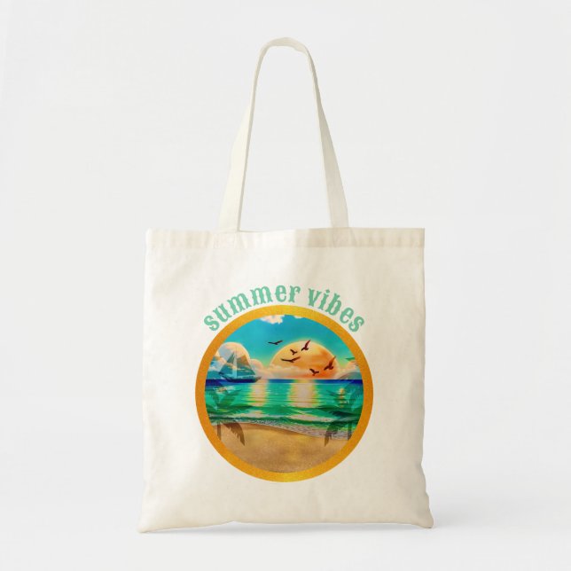 Modern Tropical Beach Palm Trees Sunset Vacation Tote Bag (Front)