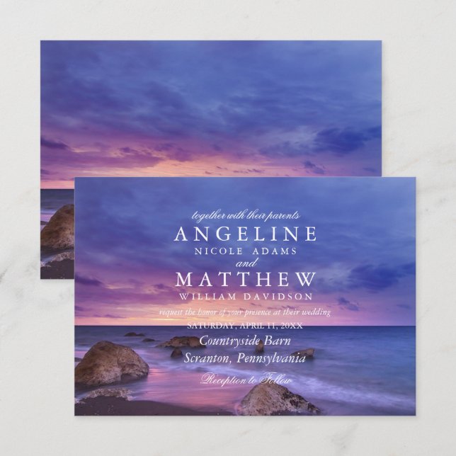 Modern Tropical Beach Sand Sunset Sea Wedding Card (Front/Back)