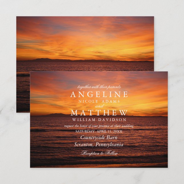Modern Tropical Beach Sand Sunset Sea Wedding Card (Front/Back)