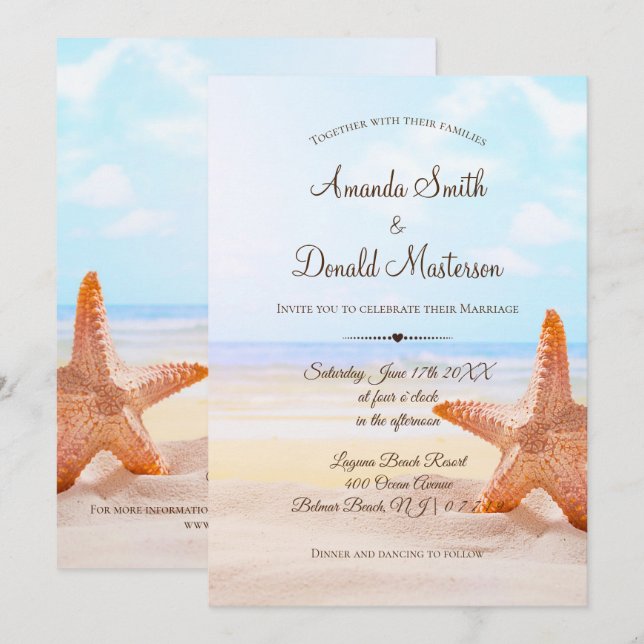Modern Tropical Beach Starfish Wedding Invitation (Front/Back)