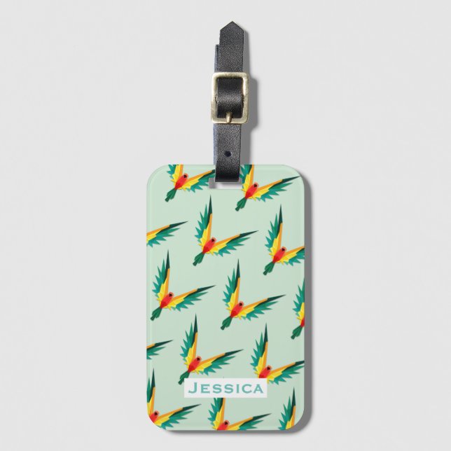 Modern Tropical Bird Pattern Blue Personalised Luggage Tag (Front Vertical)