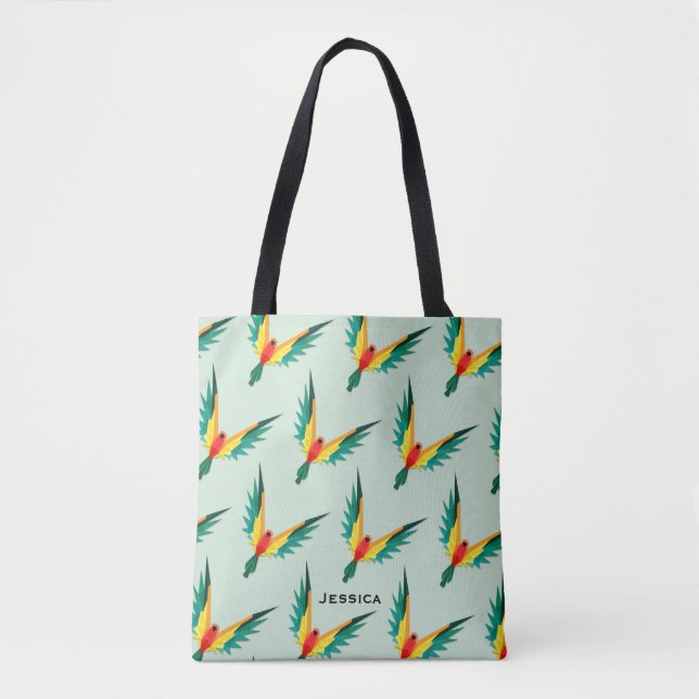 Modern Tropical Bird Pattern Blue Personalised Tote Bag (Front)