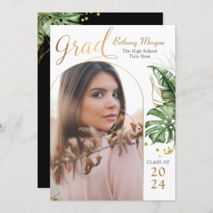 Modern Tropical Black Gold Arch Photo Graduation Announcement