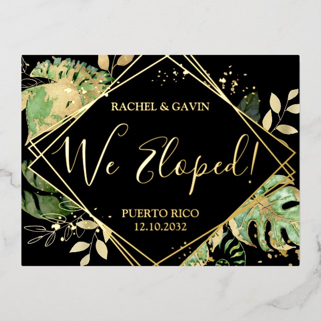 Modern Tropical Black Wedding Elopement Reception Foil Invitation Postcard (Front)