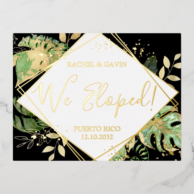 Modern Tropical Black Wedding Elopement Reception Foil Invitation Postcard (Front)