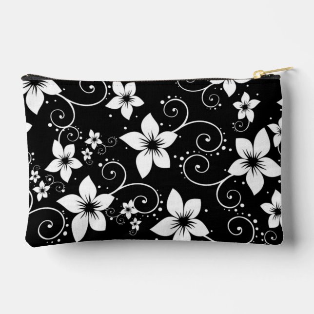 Modern Tropical Black White Floral Accessory Pouch (Back)