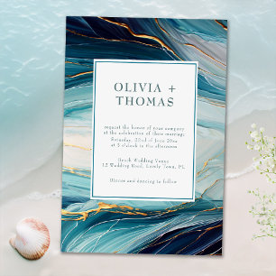 Modern Tropical Bliss Gold Teal Ocean Wave Wedding Invitation