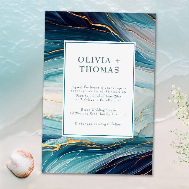 Modern Tropical Bliss Gold Teal Ocean Wave Wedding Invitation (Creator Uploaded)