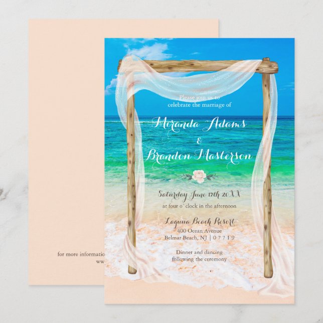 Modern Tropical Blue Beach Arbor Boho Wedding Invitation (Front/Back)