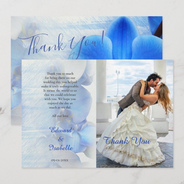 Modern Tropical Blue Orchid Floral Wedding Photo  Thank You Card (Front/Back)