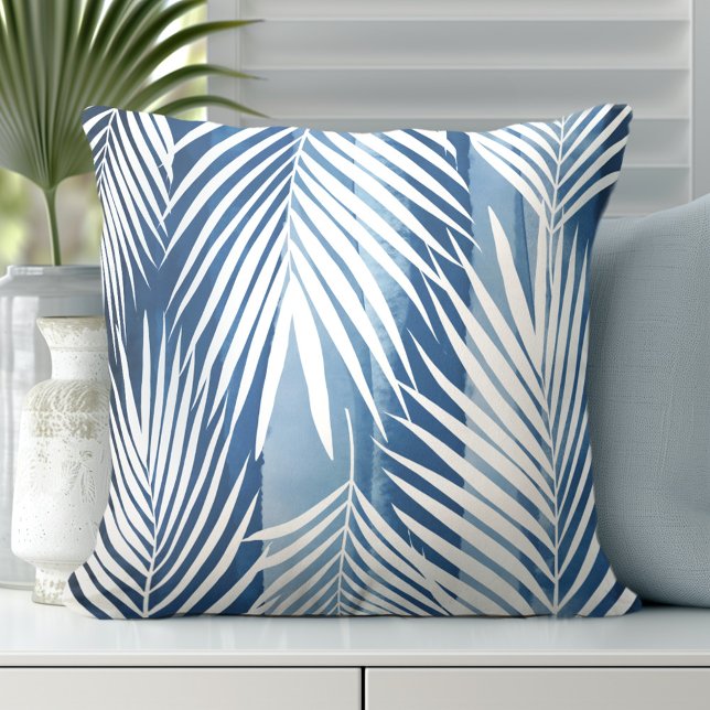 Modern Tropical Blue White Palm Leaves Cushion (Discover Gorgeous Coastal Throw Pillows by Totally Coast)
