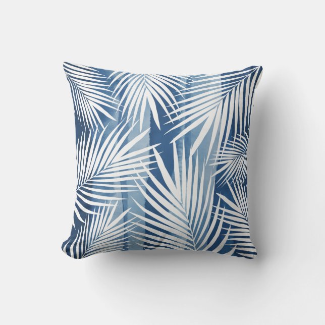 Modern Tropical Blue White Palm Leaves Cushion (Front)