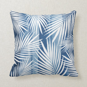 Modern Tropical Blue White Palm Leaves Cushion