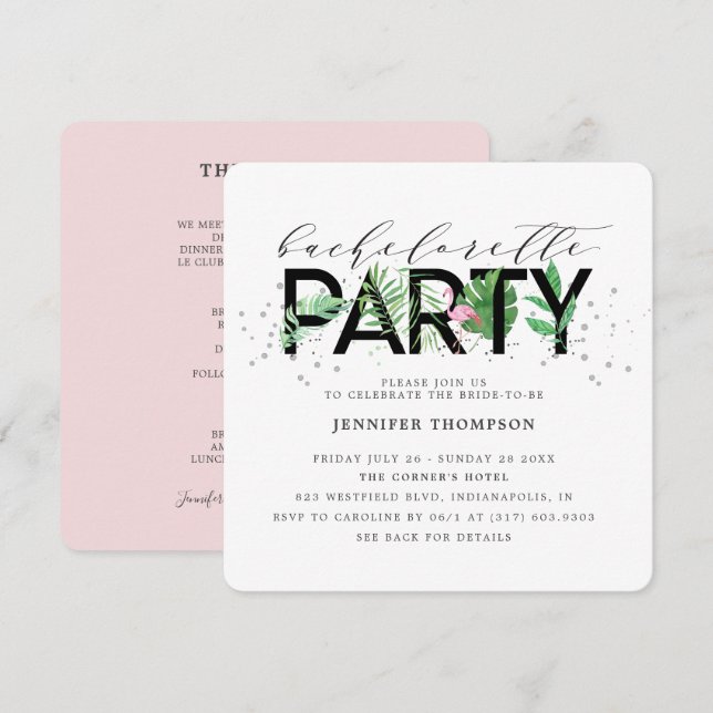 Modern Tropical Blush Flamingo Bachelorette Invitation (Front/Back)