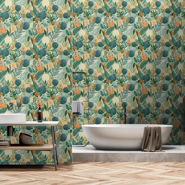 Modern Tropical Botanical Leaves Bathroom Wallpaper (Bathroom)