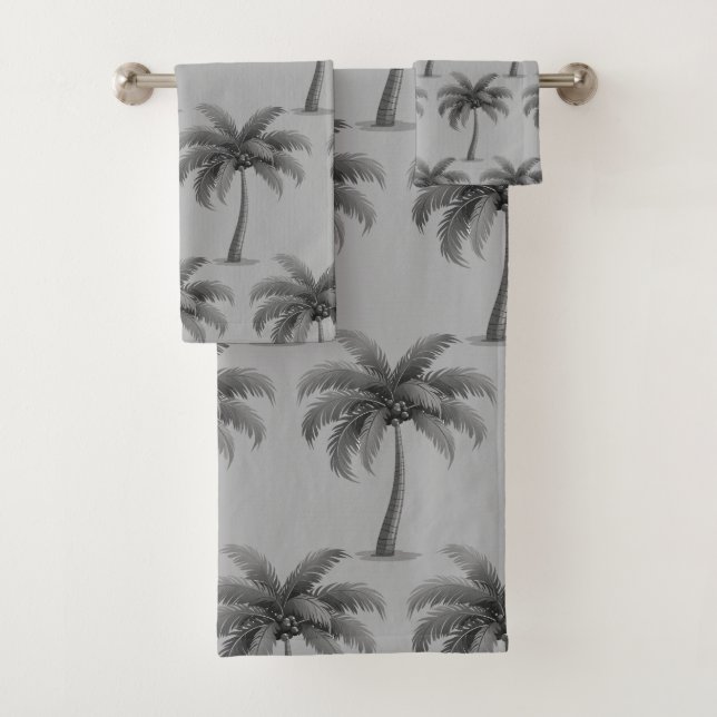 Modern Tropical Botanical Palm Trees on Grey Bath Towel Set (Insitu)