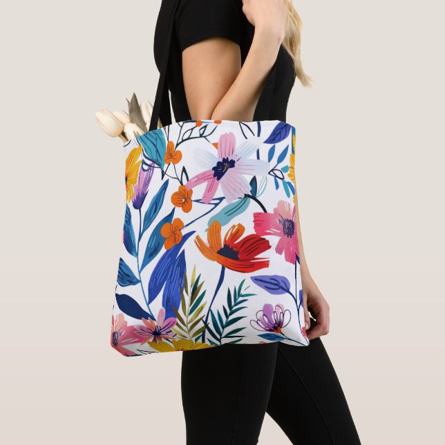Modern Tropical Botanical Wildflower Pattern White Tote Bag (Close Up)
