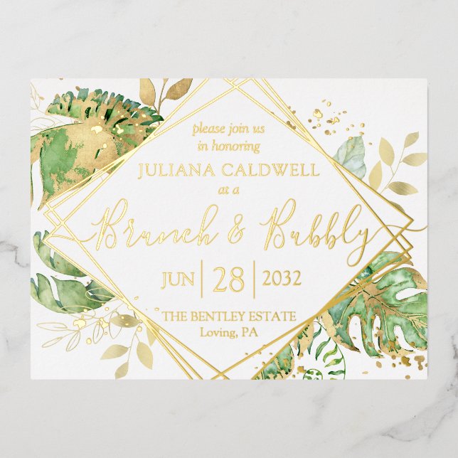 Modern Tropical Bridal Brunch & Bubbly Gold Foil Invitation Postcard (Front)