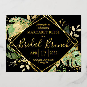 Modern Tropical Bridal Brunch Shower Black & Gold  Foil Invitation Postcard