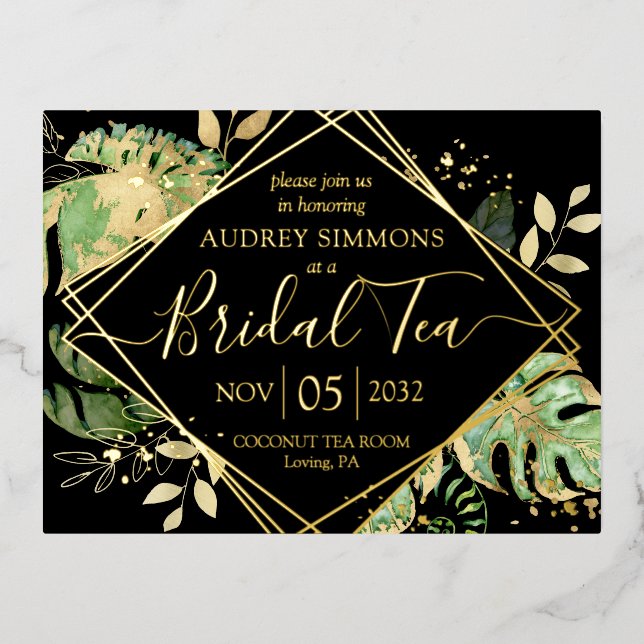 Modern Tropical Bridal Tea Shower Black & Gold Foil Invitation Postcard (Front)