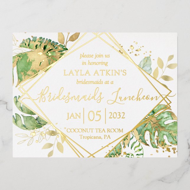 Modern Tropical Bridesmaids Luncheon Shower Gold Foil Invitation Postcard (Front)