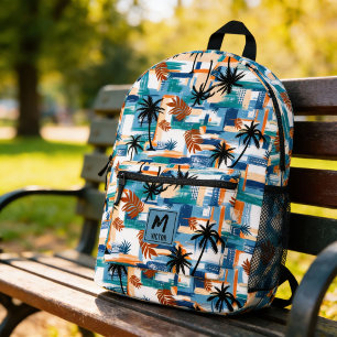 Modern Tropical Checked Pattern Blue Monogram Printed Backpack