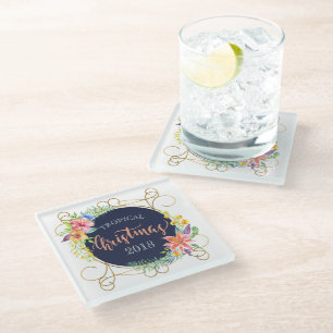 Modern Tropical Christmas Typography & Flowers Glass Coaster