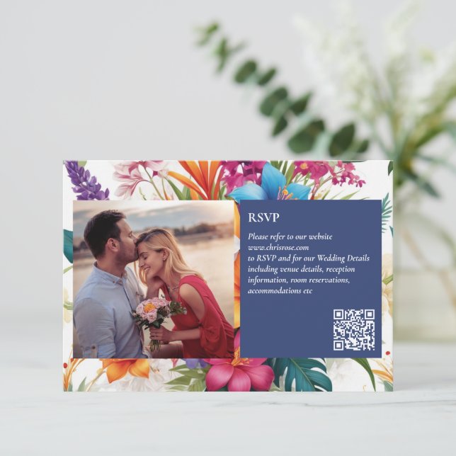 Modern Tropical Colourful Fall wedding RSVP card (Standing Front)