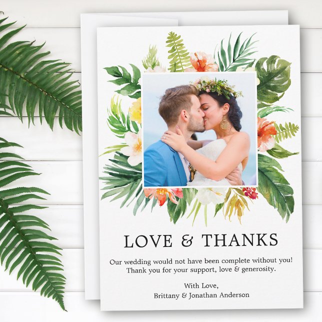 Modern Tropical Coral Floral Love Thanks Wedding Thank You Card (Customize to change text size, style or to add more text or photos to back of card.)