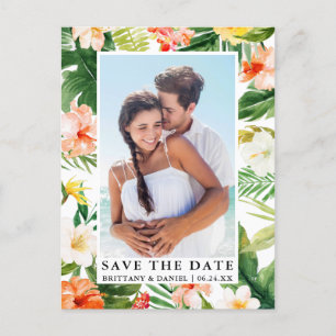 Modern Tropical Coral Floral Photo Save The Date Postcard