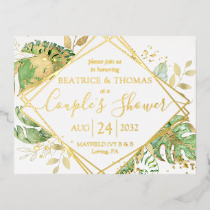 Modern Tropical Couple's Shower Gold Foil Invitation Postcard