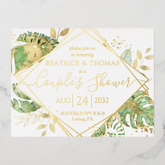 Modern Tropical Couple's Shower Gold Foil Invitation Postcard (Front)